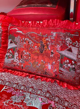 结婚百子图床单床罩大红色加厚杭州丝绸缎枕套中国风婚庆用品床盖