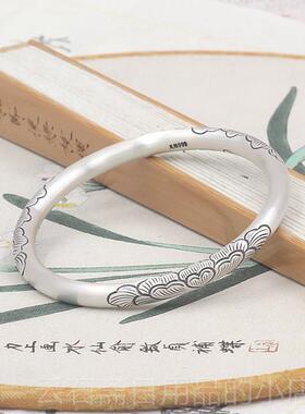 高档夏芍药银手妈镯女纯999年轻新款古法实银心闭口刻字镯子送女