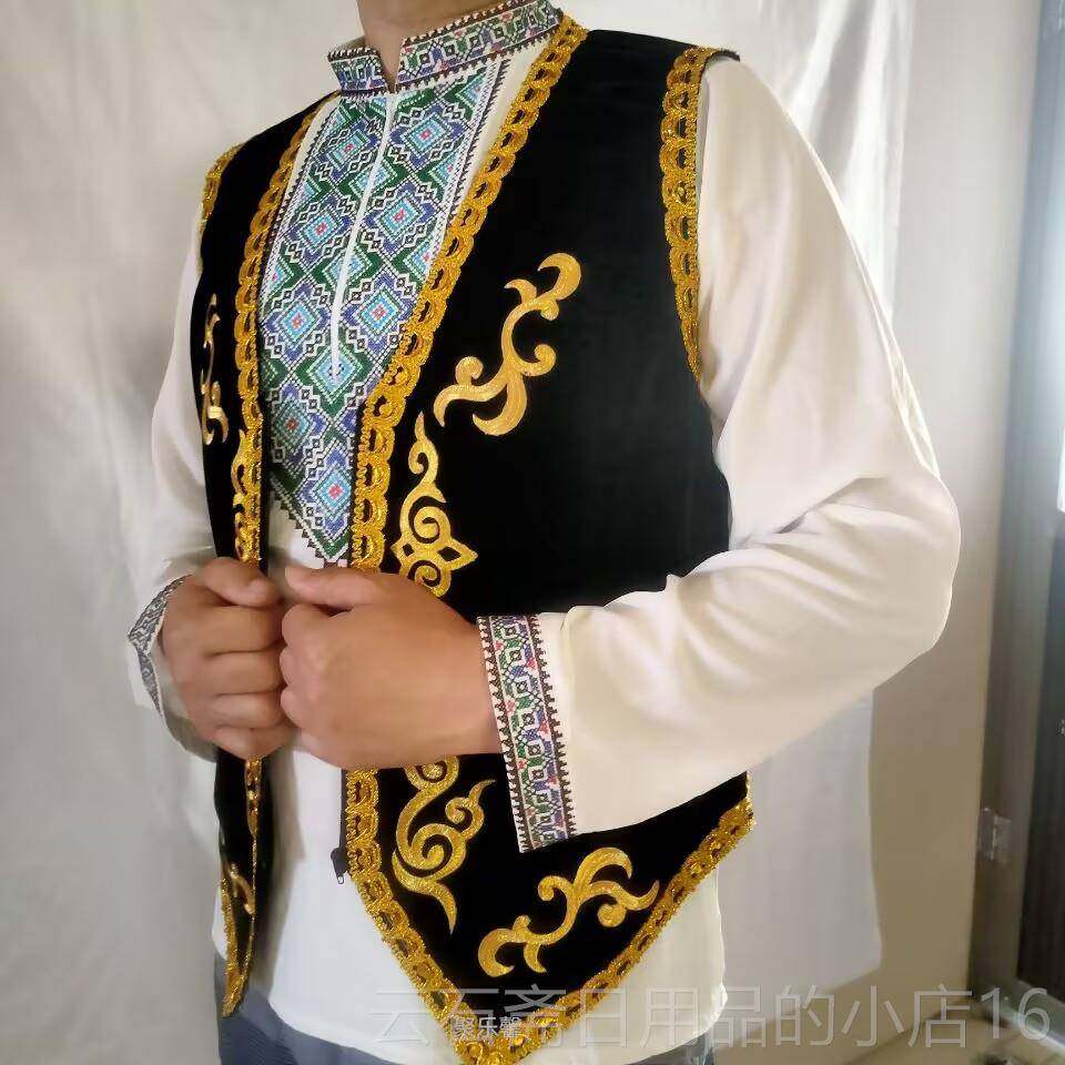 高档角新款新疆舞演出服装士尖马甲维吾尔男族舞台表演休坎闲民族