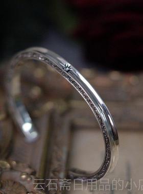 高档SHUI 唐925纯银手镯复古搭百星星锆石草花纹众元素个性小手饰