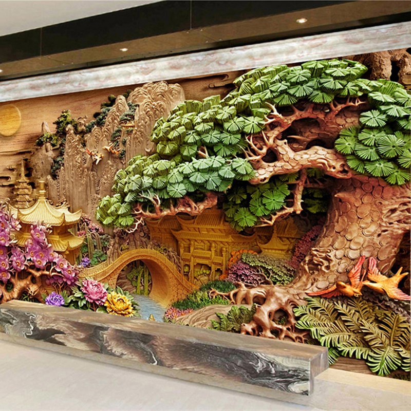 电视墙壁纸现代中式客厅沙发背景墙迎客松墙纸3d立体山水壁画墙布