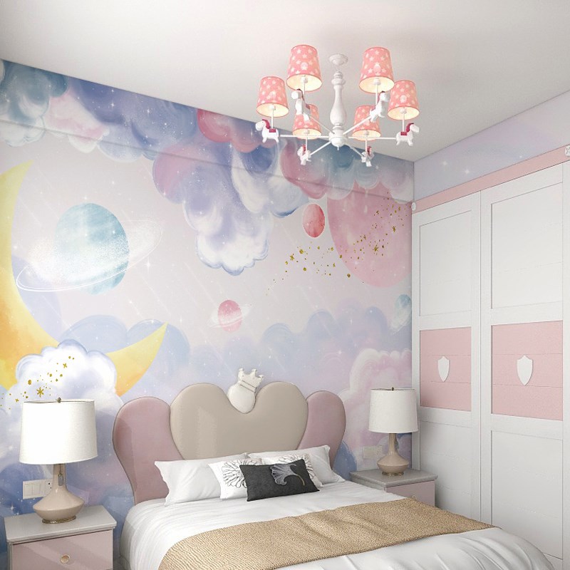 儿童房墙布女孩墙纸卧室梦幻星空壁纸云朵壁画墙壁贴纸壁布背景墙