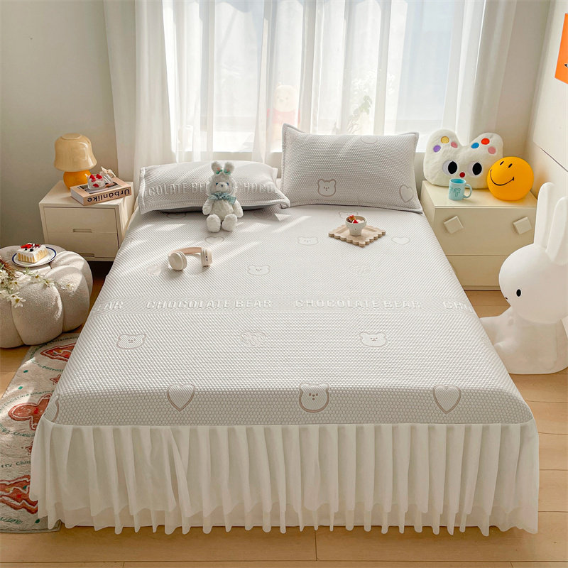 韩式凉感豆豆席床裙式三件套夏季可机水洗1.8m床单款冰丝凉席软席