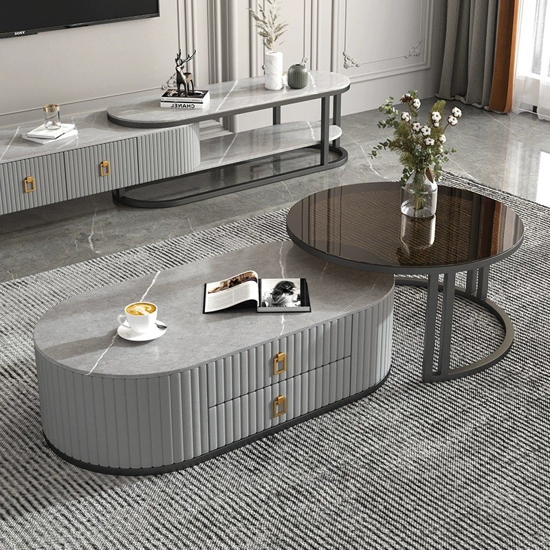 岩板茶几电视柜家用客厅小户型可伸缩茶几桌简约现代椭圆茶几