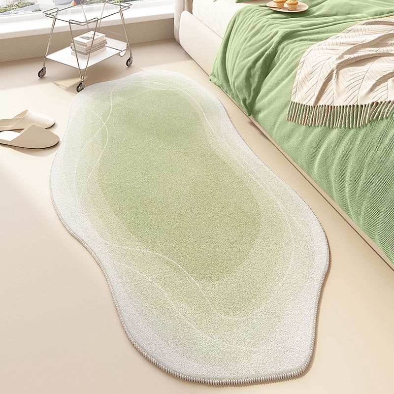 绿色仿羊绒床边地毯异形不规则卧室床前主卧房间地垫高级感垫子