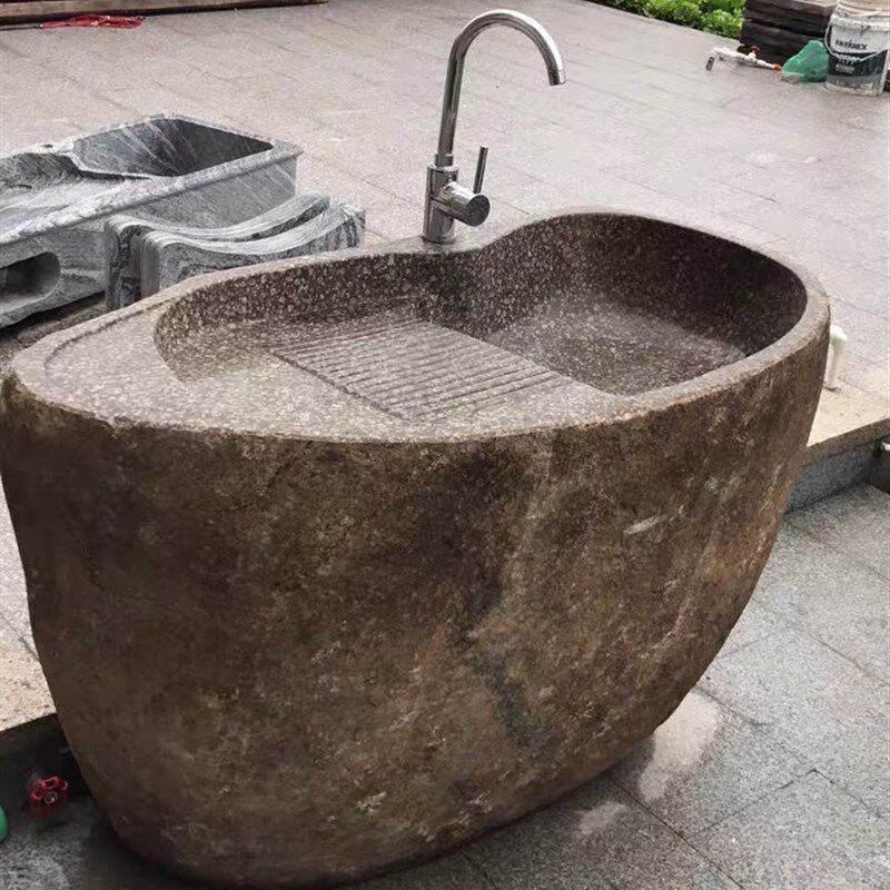 天然鹅卵石头洗手盆庭院花园洗衣池连身洗脸盆室外落地整块洗衣池
