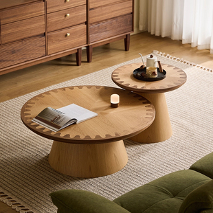 原木色复古日式胡桃茶桌中古风全实木茶几圆形组合客厅小户型
