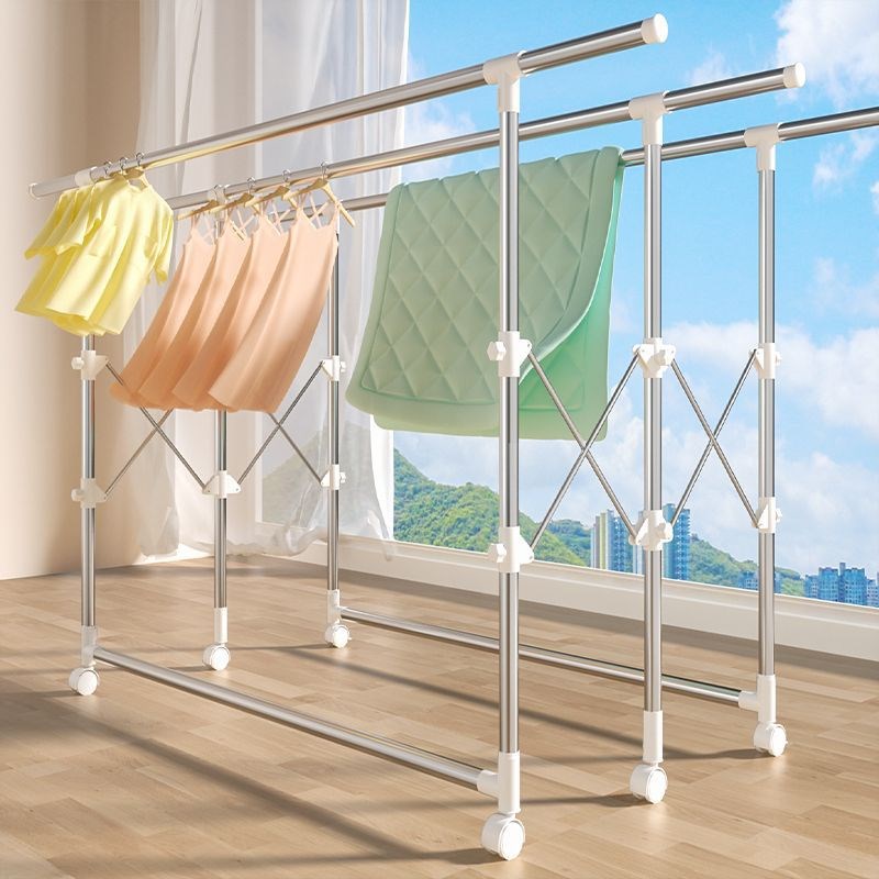 落地式折叠晾衣架室内不锈钢伸缩家用卧室阳台多功能可移动晾衣杆