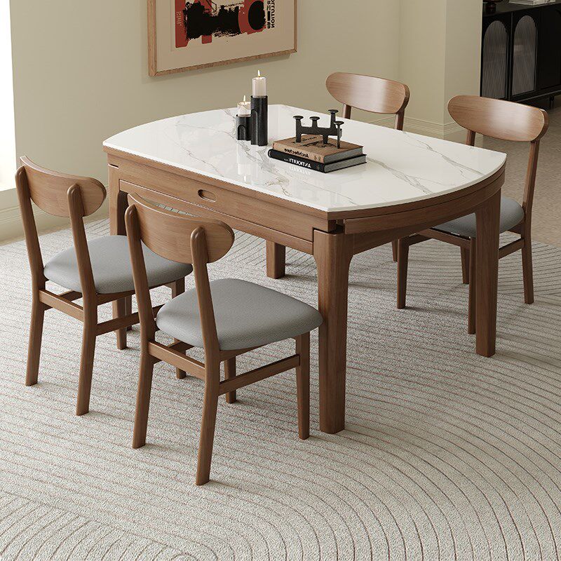 2024现代简约家用方桌伸缩可变圆跳台实木岩板餐桌椅组合一桌四椅