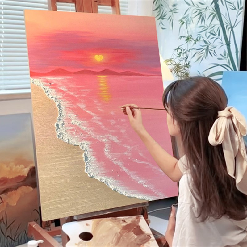 石英砂肌理画DIY材料包丙烯颜料手绘立体数字油画粉色沙滩装饰画