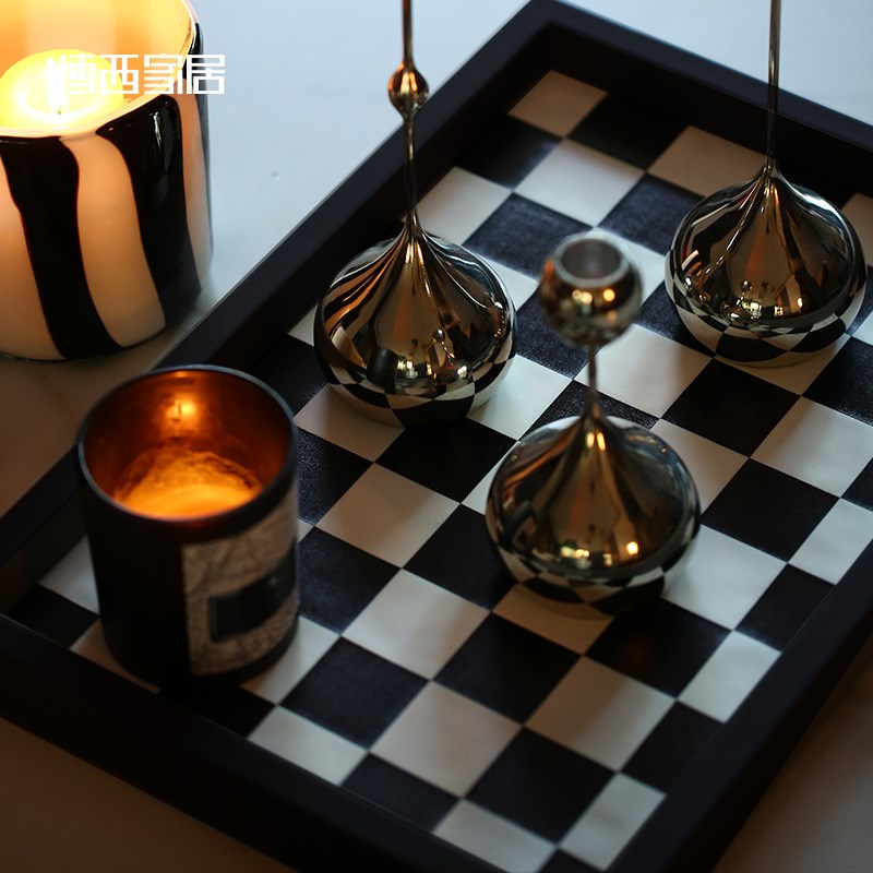 博西家居 黑白棋盘格方形托盘酒店高档软装饰品样板间商用置物盘