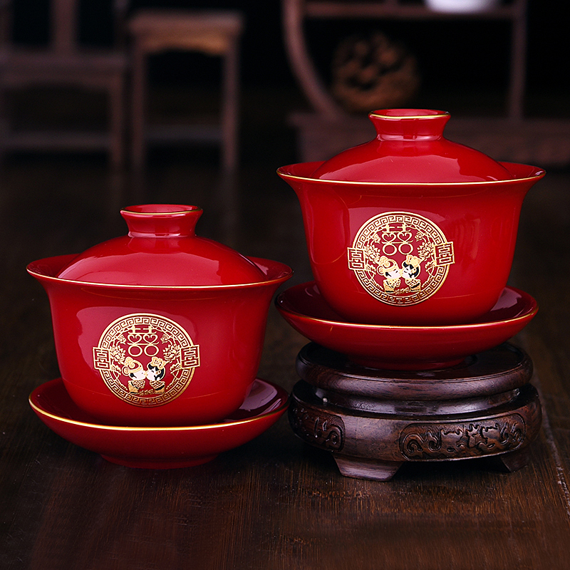 宝石红敬茶杯喜碗托盘装结婚陶瓷敬酒改口礼盒喜杯子对杯碗筷勺