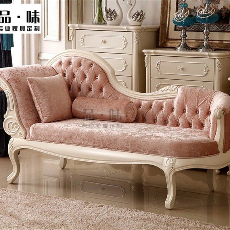 法式实木雕花布艺贵妃沙发卧室公主美人榻 欧式简约粉色沙发躺椅