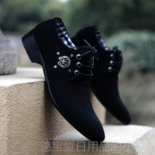 正品新款休潮男鞋子闲鞋男士尖头帆布皮鞋青伦年学生英风发透气型
