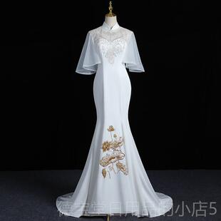 正品式典雅白尾对晚礼服长t台表演装鱼尾修服身中袖中年度派礼服