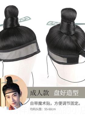 正品风 明制抹古额男士头套假发黑长直海发斜刘QМ千媚古韵