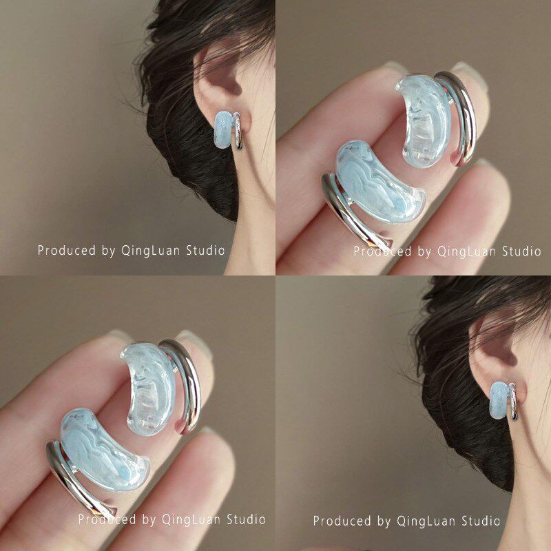 北海蓝~冰透感绝美耳钉女高级感小众清凉夏日耳饰法式C型气质耳环