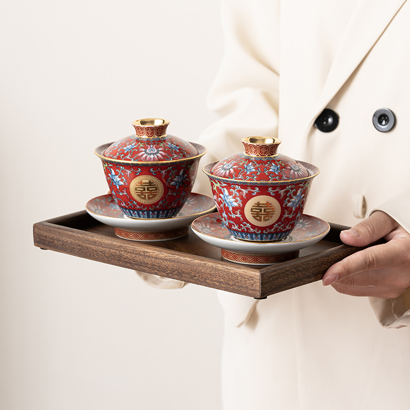 结婚珐琅彩改口敬茶杯装创意喜杯陶瓷盖碗一对陪嫁茶具婚庆用品