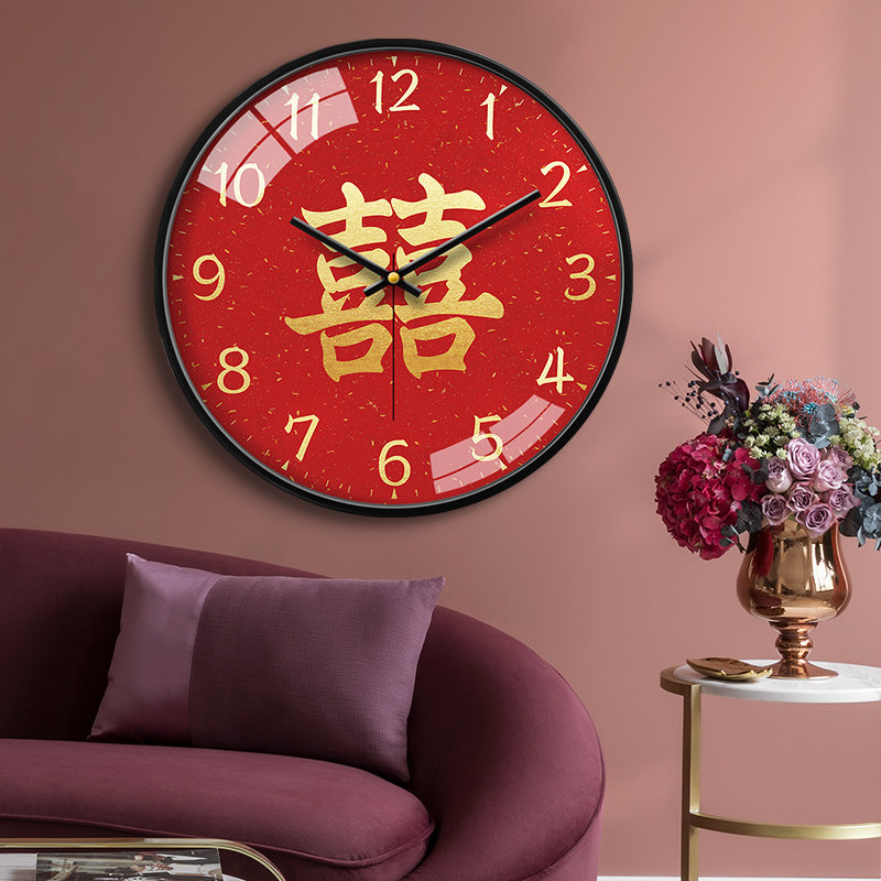 高级喜庆挂钟客厅家用时尚红色结婚用挂墙钟表时钟挂表石英钟静音
