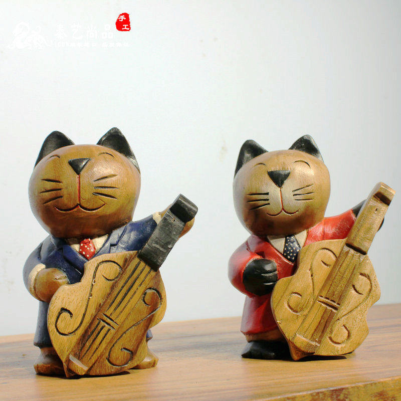 泰国实木创意摆件手工雕提琴可爱小猫咪家居摆件桌面装饰结婚礼品