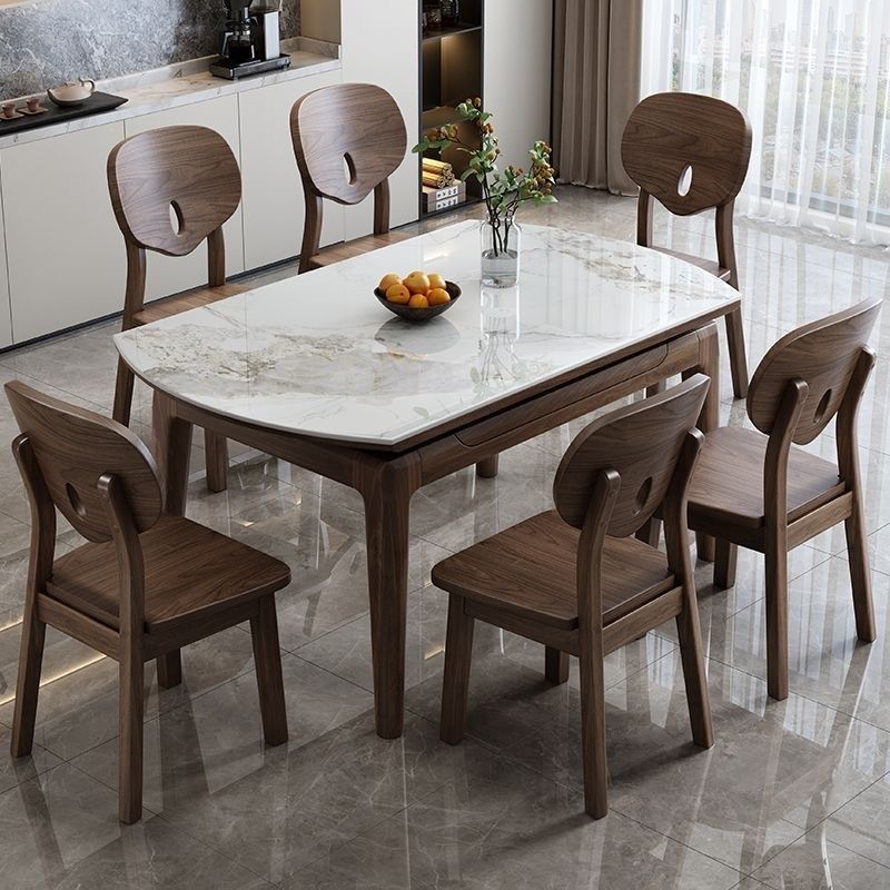 北美胡桃木岩板实木餐桌家用小户型可伸缩折叠现代简约可变圆桌子