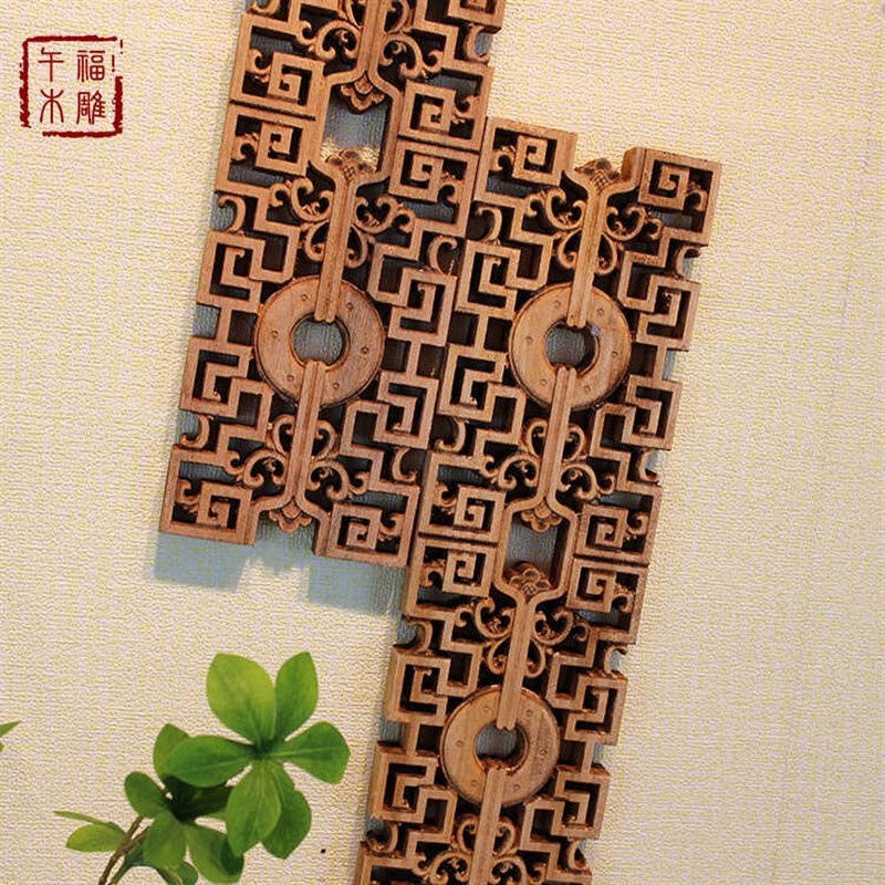 东阳木雕线条角花中式实木吊顶贴脚线香樟木镂空雕刻长方形工艺品