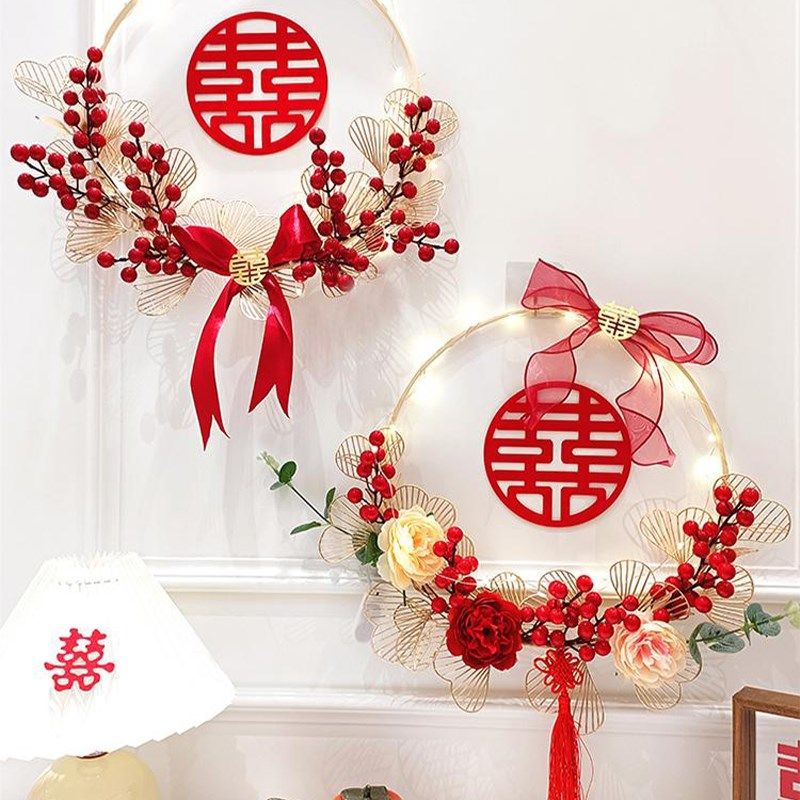 有爱喜事结婚喜字藤编花环装饰房门挂件男女方婚房布置装扮用品