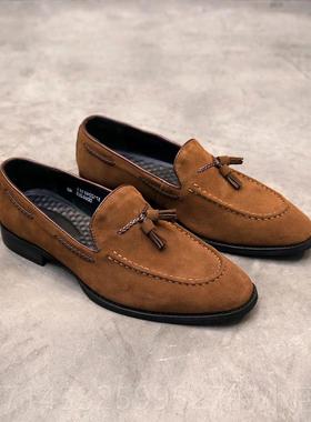 高档鞋男级士休闲 皮真商皮务乐福鞋高感黑色翻毛流苏一脚蹬懒人