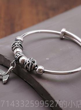 高档足银999纯银拉手镯女覆古气质9流苏款鱼吊礼坠圆珠镯子推送女