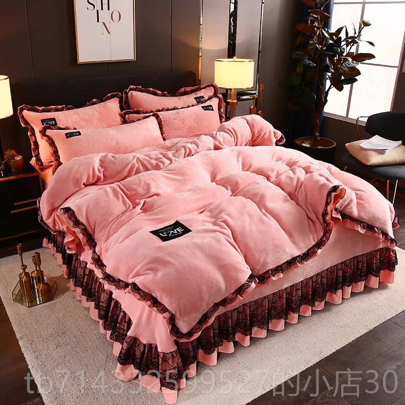 高档四加厚牛奶绒件套珊瑚冬季双面法兰大绒结婚绒庆红色蕾丝款被