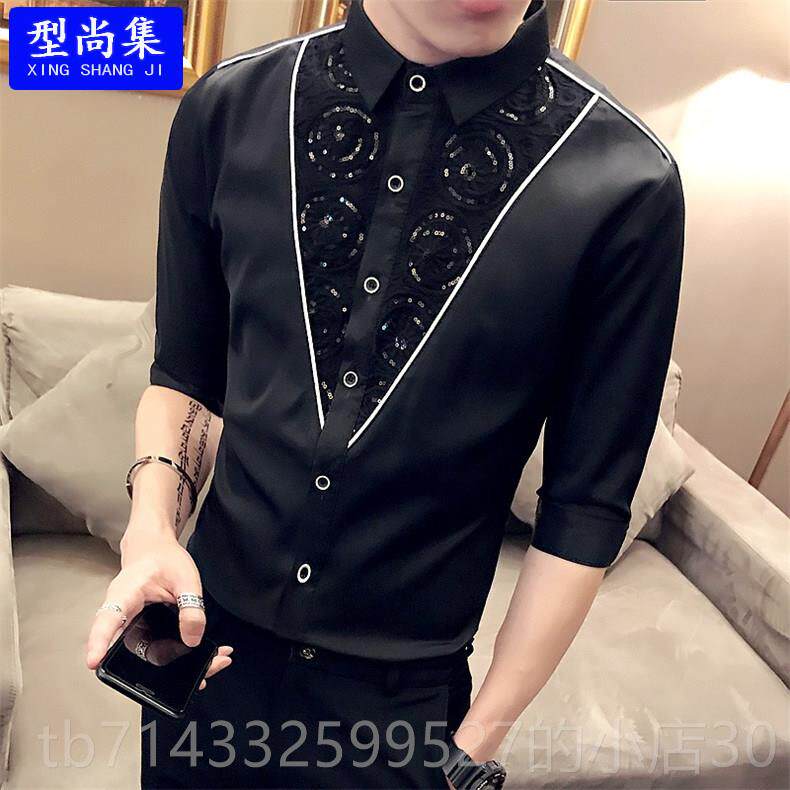 高档少男丝个性蕾七分中袖衬衫士夏天发型师夜场爷工作服韩版帅气