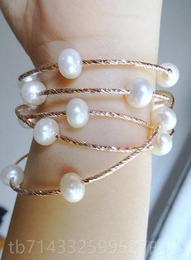 高档韩水版首饰品纯天然淡珍珠手链手串女925银S手镯多层人圈情节