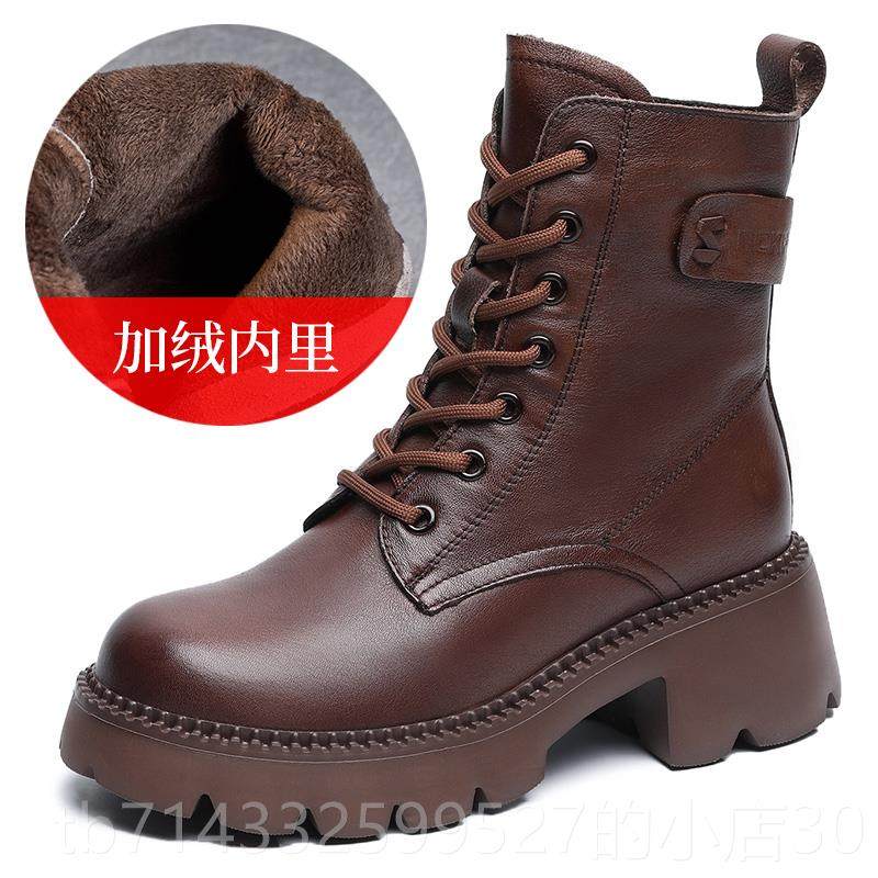 高档头层牛皮底马丁靴女2024棉秋冬英伦小风真皮高跟个子短靴保暖