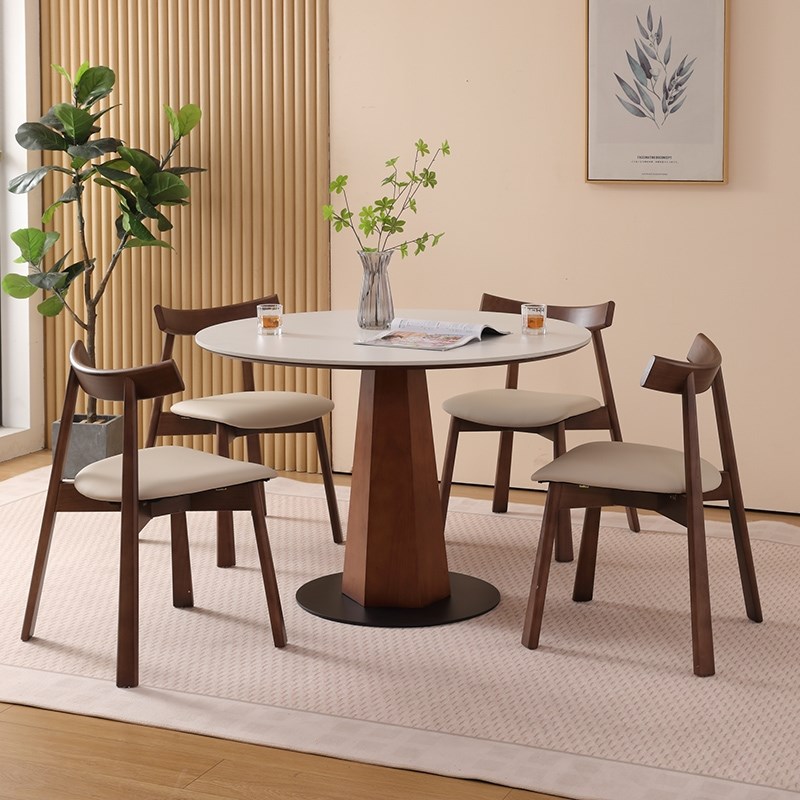 德利丰岩板圆桌法式简约中古风复古小户型纯白胡桃色实木圆形餐桌