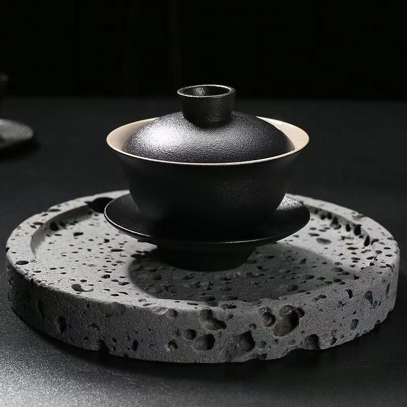 陶瓷三才盖碗单个复古敬茶碗功夫茶具家用泡茶盖杯黑陶不烫手沏茶