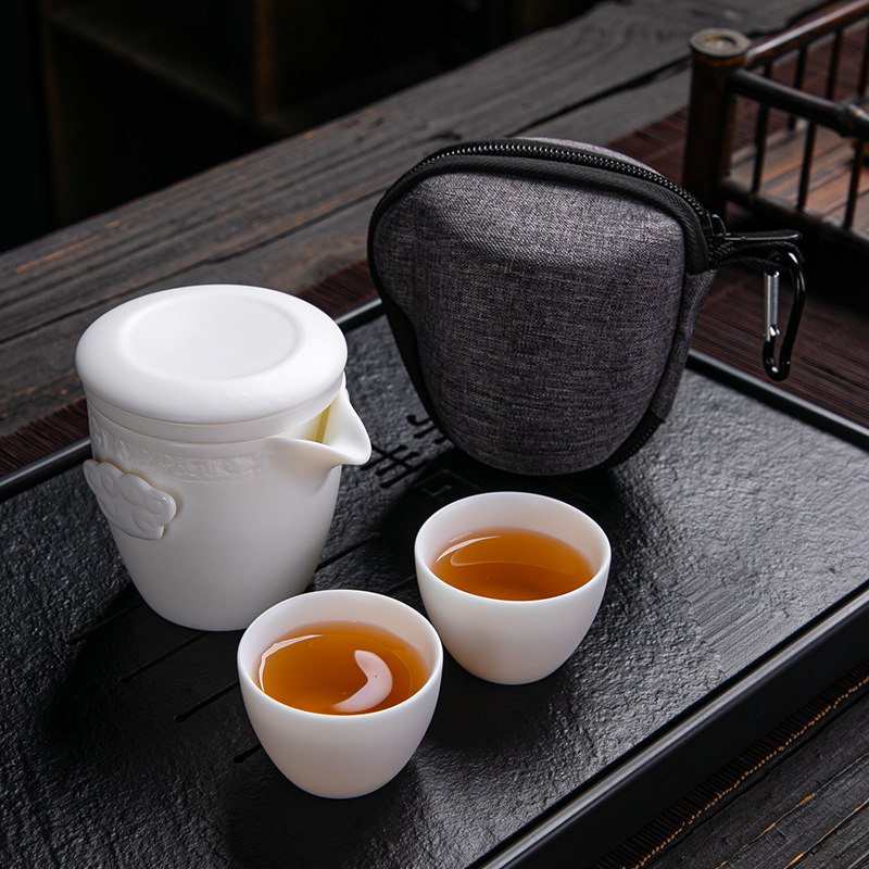羊脂玉瓷祥云旅行功夫茶具素烧陶瓷便携式整套一壶两杯快客杯套装