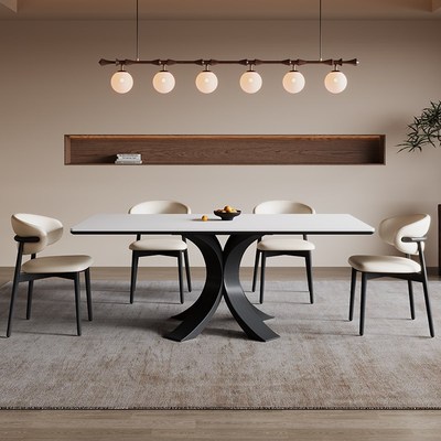 德利丰实木岩板餐桌长方形家用侘寂奶油风高端设计师款全托饭桌子