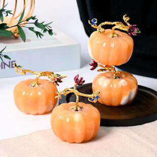 天然水晶金冻石南瓜摆件原石雕刻黄方解水晶工艺圣诞装饰桌面摆件