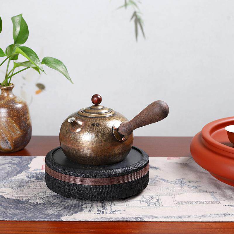 潮汕手工锤纹紫铜侧把煮水壶电陶炉家用鎏银铜壶烧水煮茶器泡茶壶