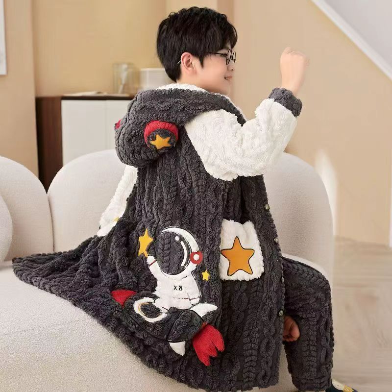 新款男童法兰绒睡衣秋冬长款套装