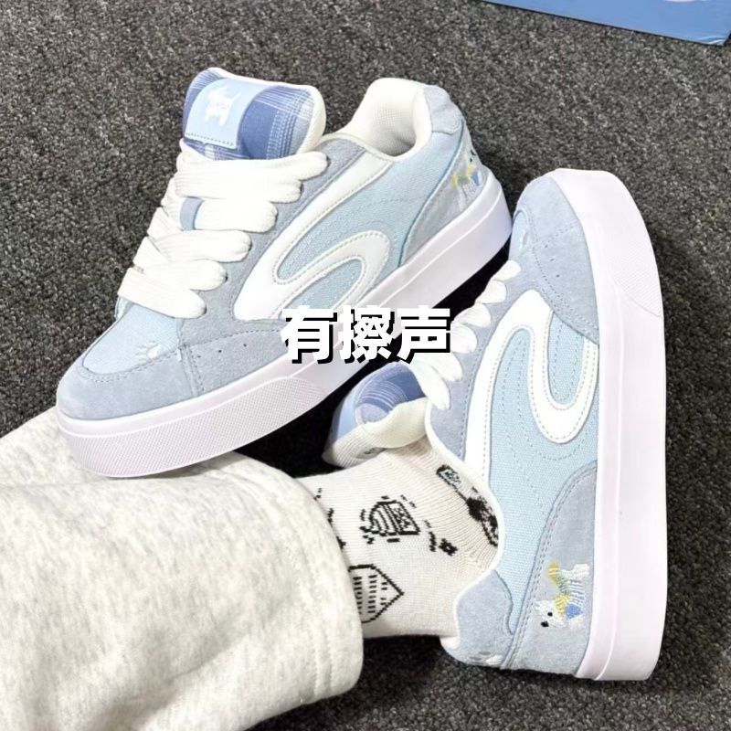 小众厚底蓝白拼色系带面包板鞋女