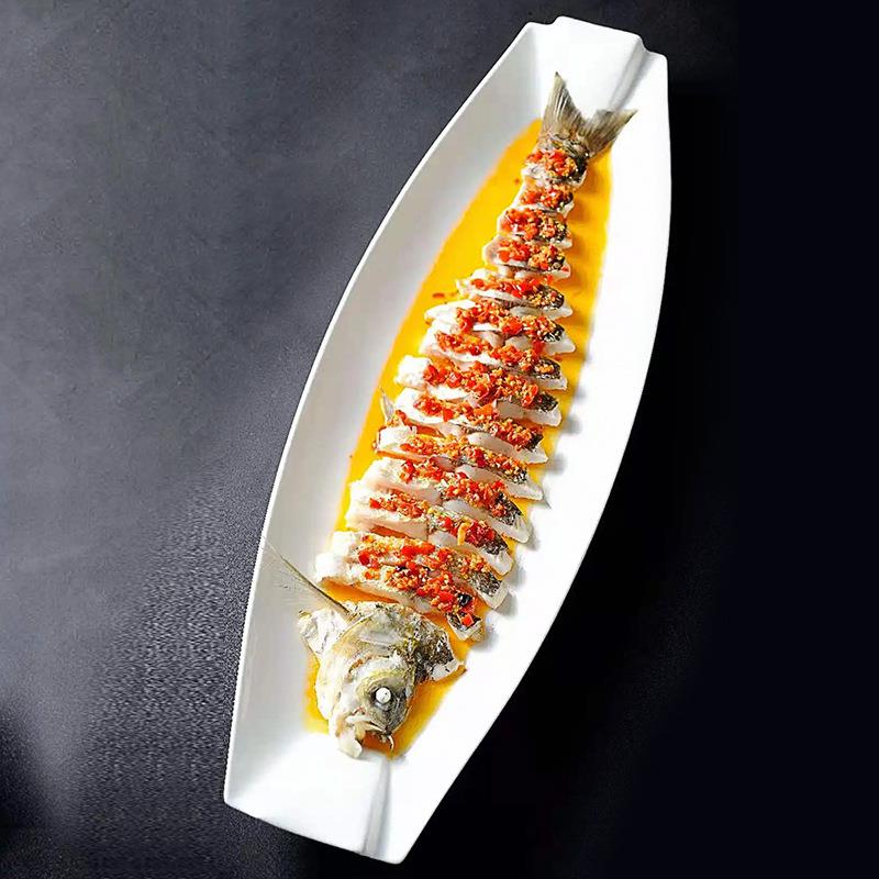 陶瓷纯白长条形大号白条翘嘴鱼盘饭店用特色蒸鱼盘子意境餐具