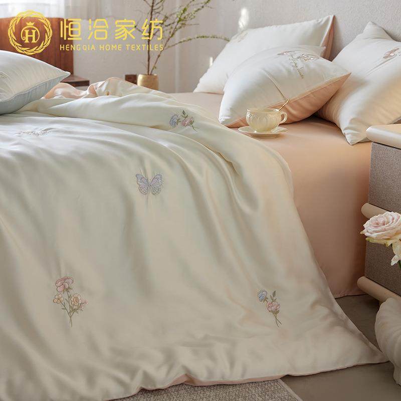 春夏凉感莱赛尔四件套唯美花卉刺绣丝滑少女心1.2m被套床品粉蓝色