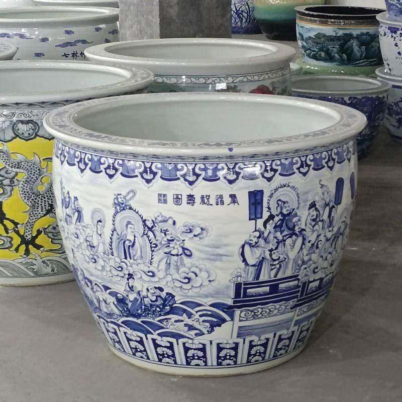 手绘陶瓷大号鱼缸摆件青花瓷陶瓷鱼缸大号庭院造景摆件装饰园林缸