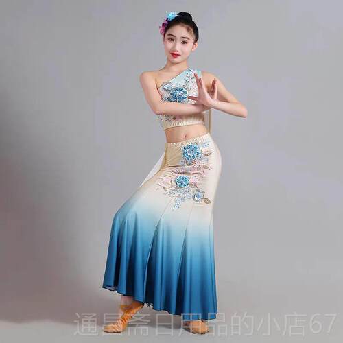 高档新款0儿童裙族舞蹈演出服女艺考36度弹力鱼尾幼儿孔雀舞傣表