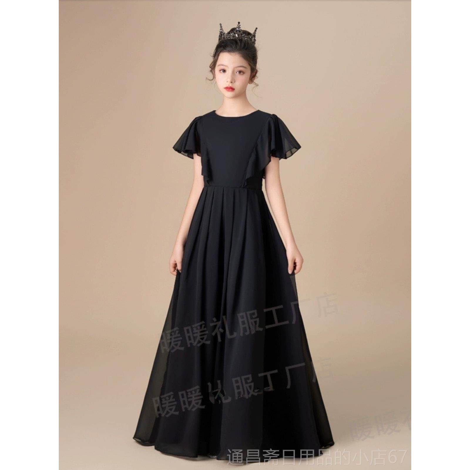 高档演顺丰发黑色童礼服钢琴演出服公团主女裙小提琴奏管乐表演服