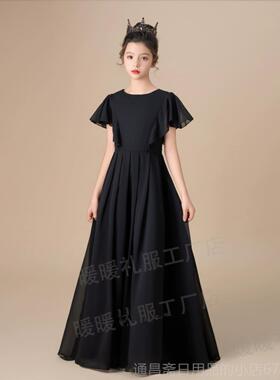 高档演顺丰发黑色童礼服钢琴演出服公团主女裙小提琴奏管乐表演服