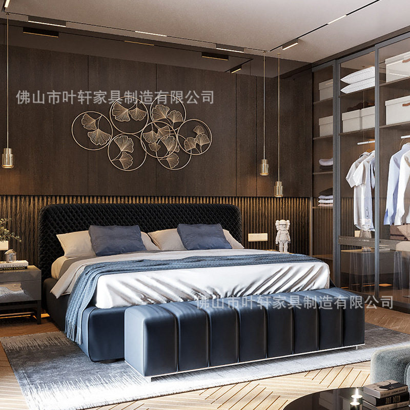 北欧布艺床现代简约双人落地民宿床实木软包床头酒店家具绒布床屏