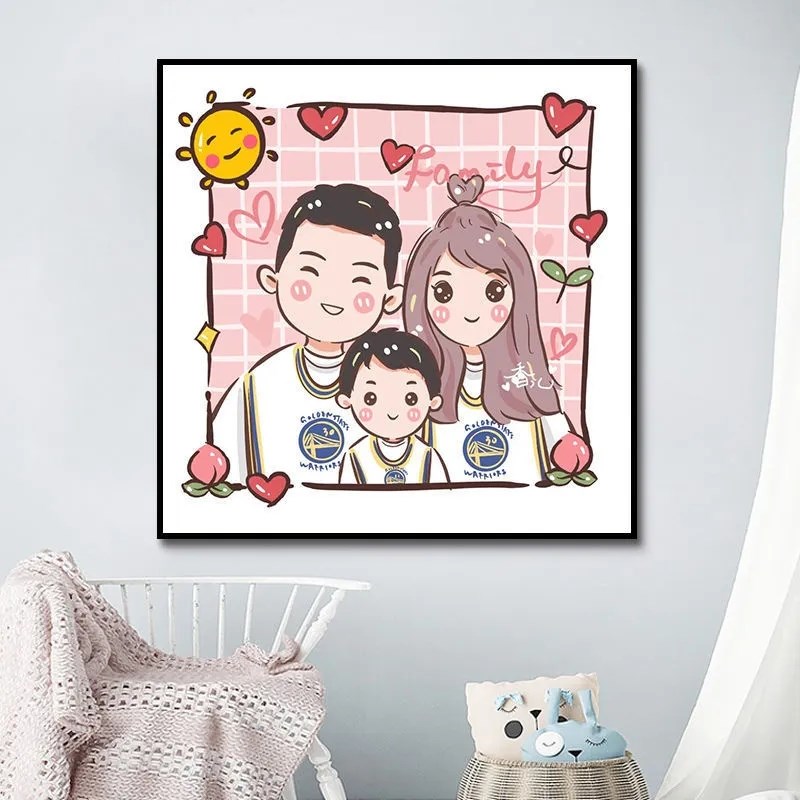 幸福一家子三口人diy数字油画定制手绘手工填充涂色油画儿童卡通