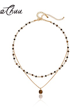 【墨镜项链耳钉套装】MeeChuu虎眼石项链女叠戴吊坠玛瑙锁骨链潮